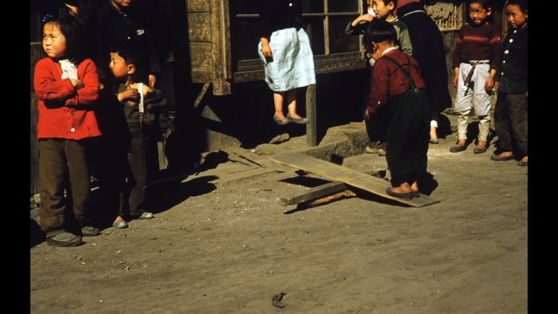 1952년 경남 진해 어느 마을 골목 마당에서 널뛰기를 하는 아이들  썸네일