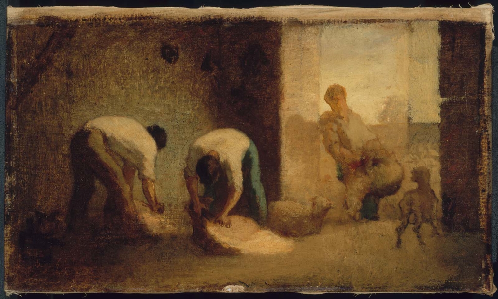 0148_Jean-Francois Millet_Three Men Shearing Sheep in a Barn 썸네일