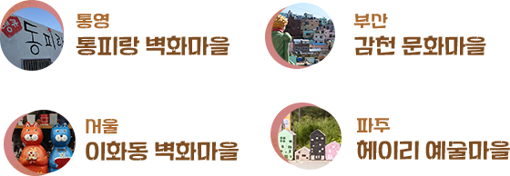 한국의 특색있는 지역(동네)을 소개해드립니다. 서울 이화동 벽화마을, 통영 동피랑 벽화마을, 부산 감전 문화마을, 파주 헤이리 예술마을