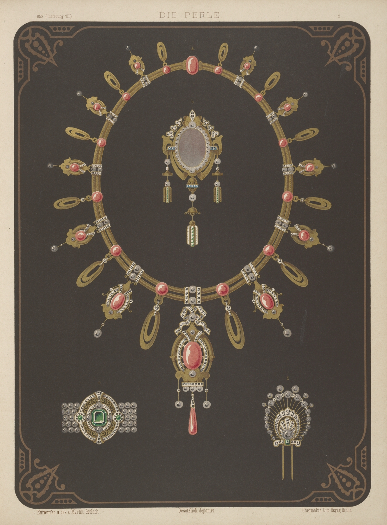 Four Designs For Jewelry, Including Large Necklace With Pink Stones. 썸네일