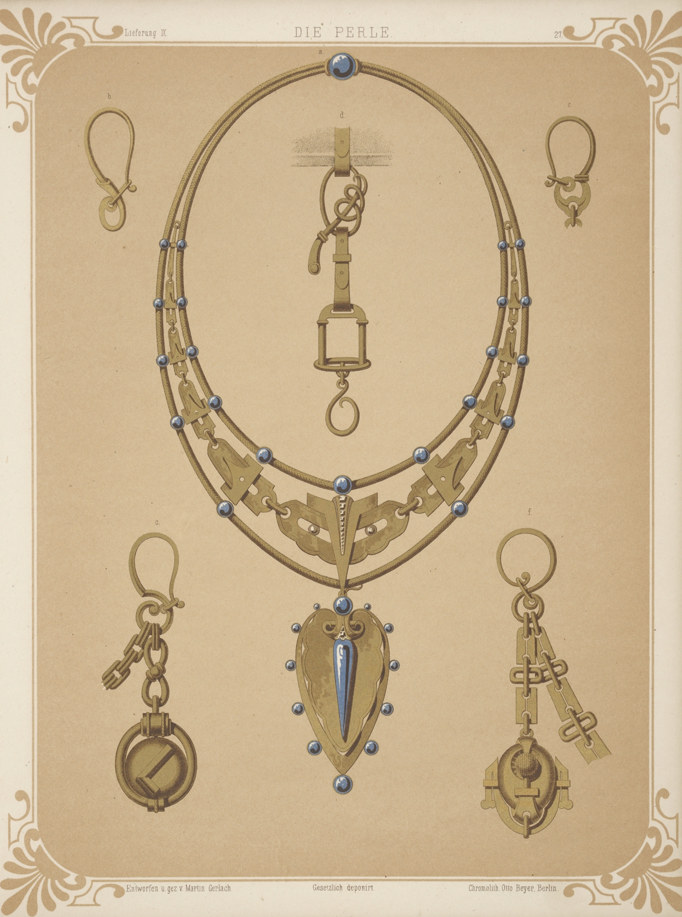 Six Designs For Jewelry, Including Large Necklace With Gold Pendant With Blue Stones. 썸네일