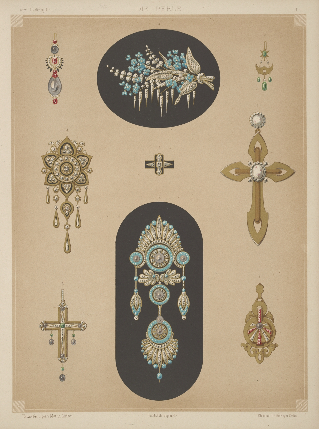 Nine Designs For Jewelry, Including Two Large Pins With Blue Stones And Diamonds. 썸네일