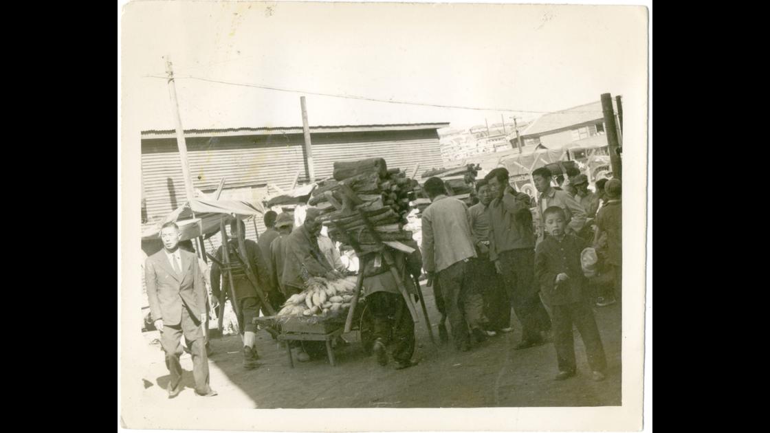 1953년 부산 중구 자갈치시장의 땔감을 지게에 진 땔감장수와 사람들 썸네일