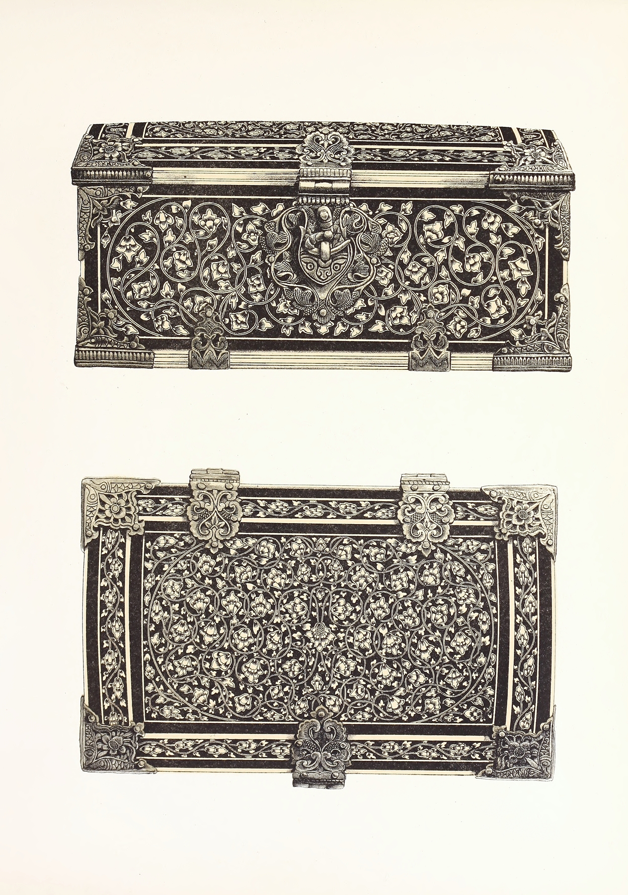 Toilet-Box in Ebony, inlaid with Ivory, and mounted with Silver, Oriental Work 썸네일