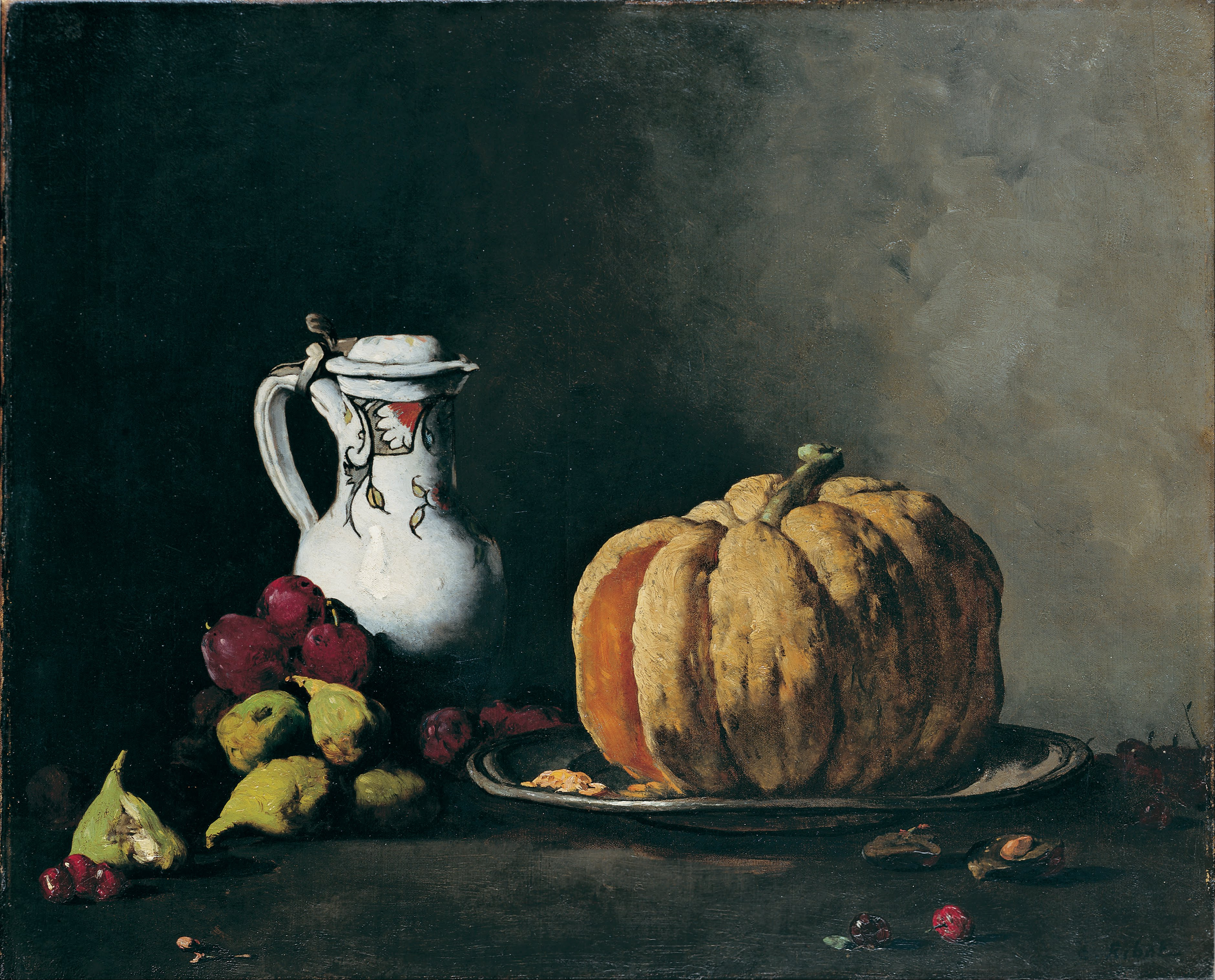 0691_Theodule-Augustin Ribot_Still Life with Pumpkin, Plums, Cherries, Figs and Jug 썸네일